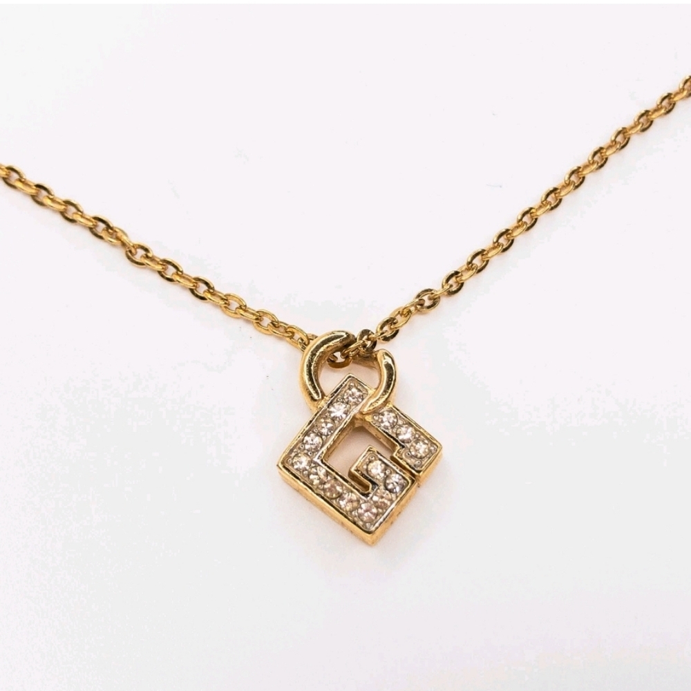 Vintage GIVENCHY Square "G" Logo Rhinestone Necklace - 80s-90s Icon - Picture 2 of 7